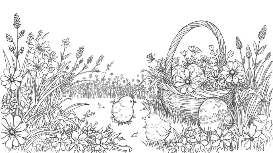 Spring coloring pages featuring an Easter garden scene with chicks, wildflowers, and a wicker basket.