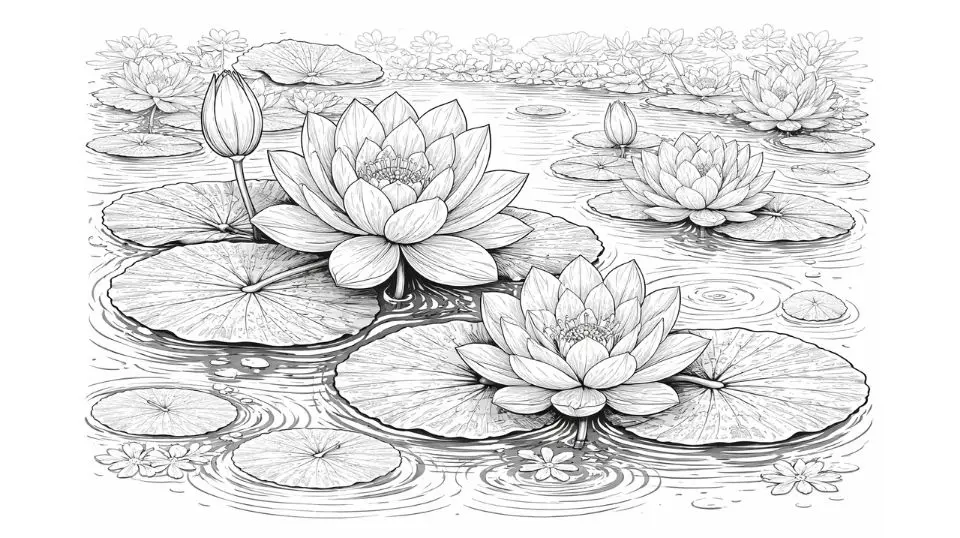 Lotus and water lily coloring pages for adults featuring elegant aquatic botanical illustrations with lotus blooms and lily pads