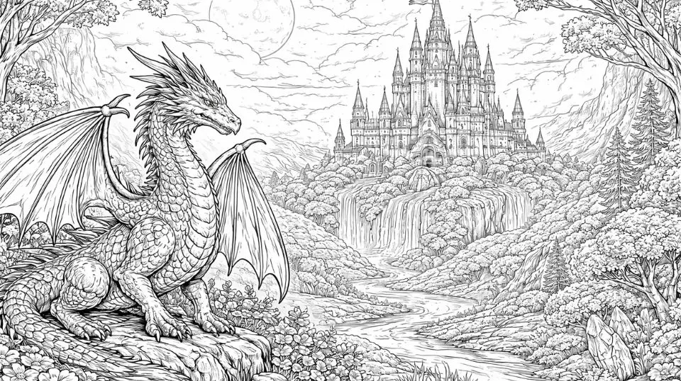 Fantasy coloring page with dragon, castle, and magical landscape, illustrating imaginative mythical coloring designs for adults