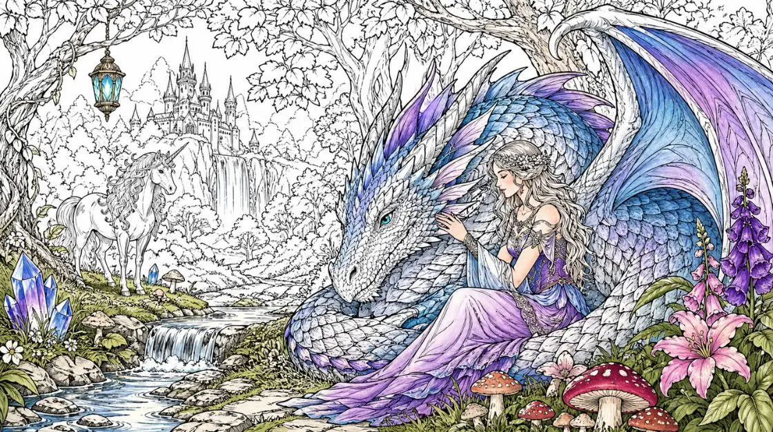 Fantasy coloring pages for adults with magical scenes featuring dragons, enchanted forests, and mystical creatures