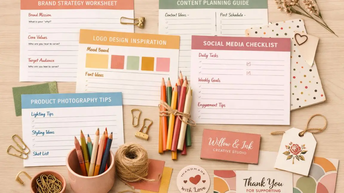 Flat lay of colored tutorial worksheets, pencils and brand materials showing a small creative business brand aesthetic