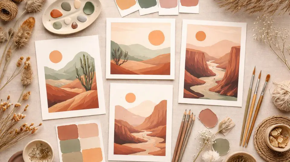 Flat lay of gallery wall printable digital art featuring desert and botanical boho designs in neutral palette