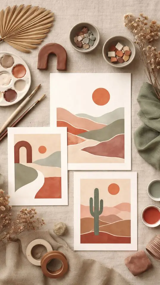 Flat lay of gallery wall printable digital art featuring desert and botanical boho designs in neutral palette