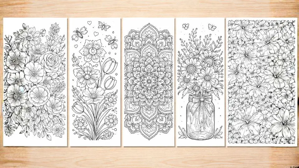 Collection of printable flower coloring pages for adults showing variety of styles including botanical mandala rose and wildflower designs