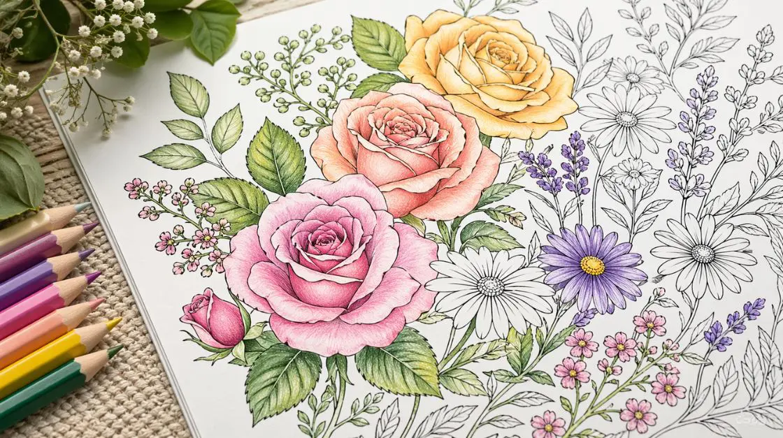 Free flower coloring pages with calming botanical designs — roses, wildflowers, and leaves for stress relief