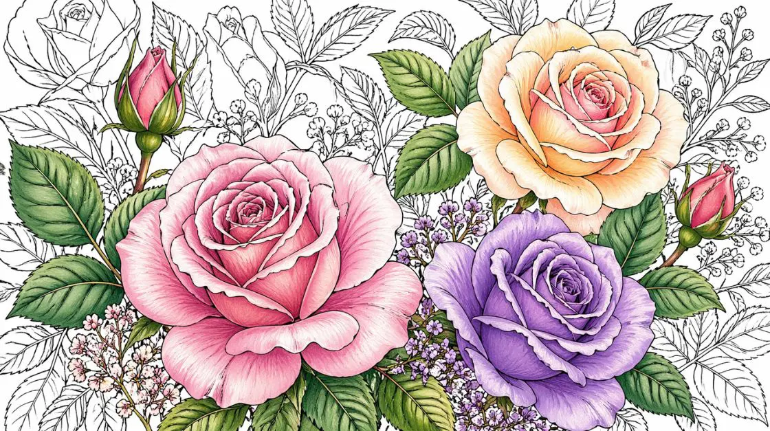 Free printable floral coloring page featuring roses and botanical details for adults