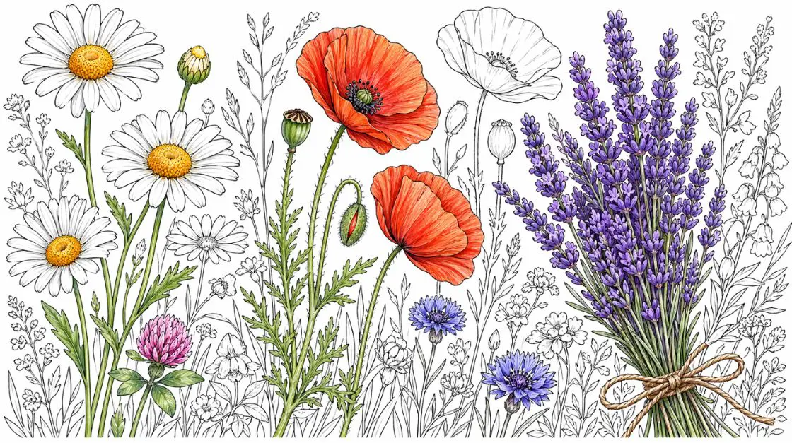 Free wildflower and meadow coloring pages with daisies, poppies, and lavender bundles. whithout text. partial colored