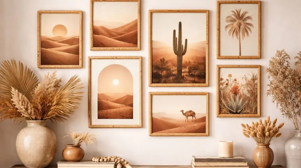 Gallery wall with desert printable decor in terracotta and golden tones, styled with rattan frames and dried botanicals