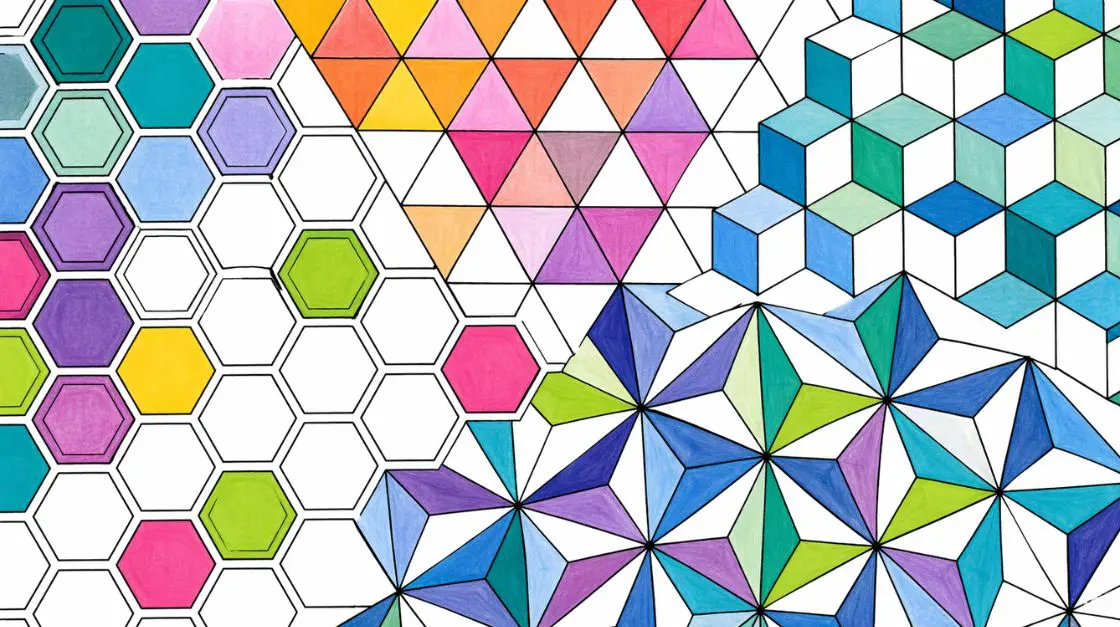 Geometric pattern coloring pages for stress relief — hexagons, triangles, and tessellations