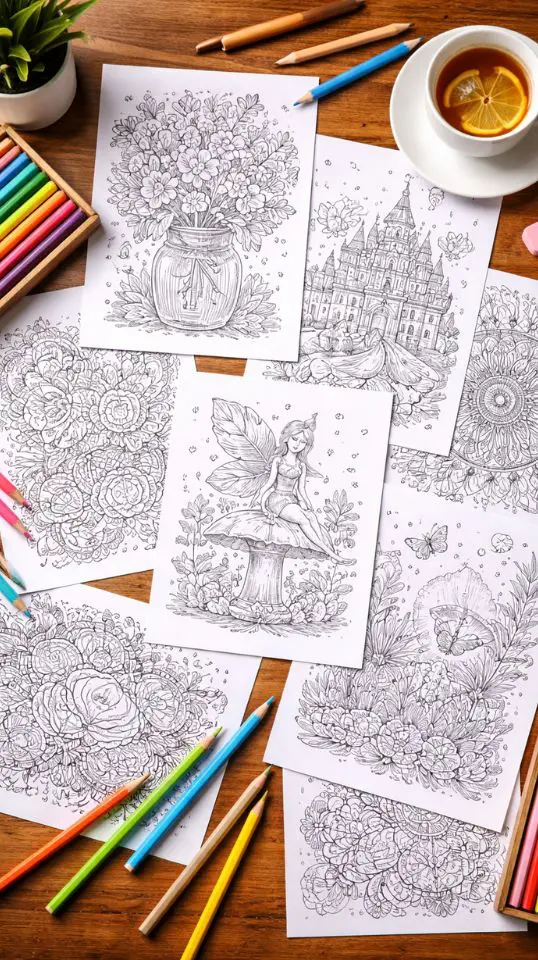 Hero banner showing a flat-lay of printed coloring pages spread across a wooden desk with colored pencils and a cup of tea V