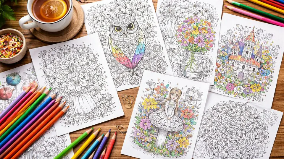 printable coloring bundle spread on desk with colored pencils — adult coloring bundle printable instant download