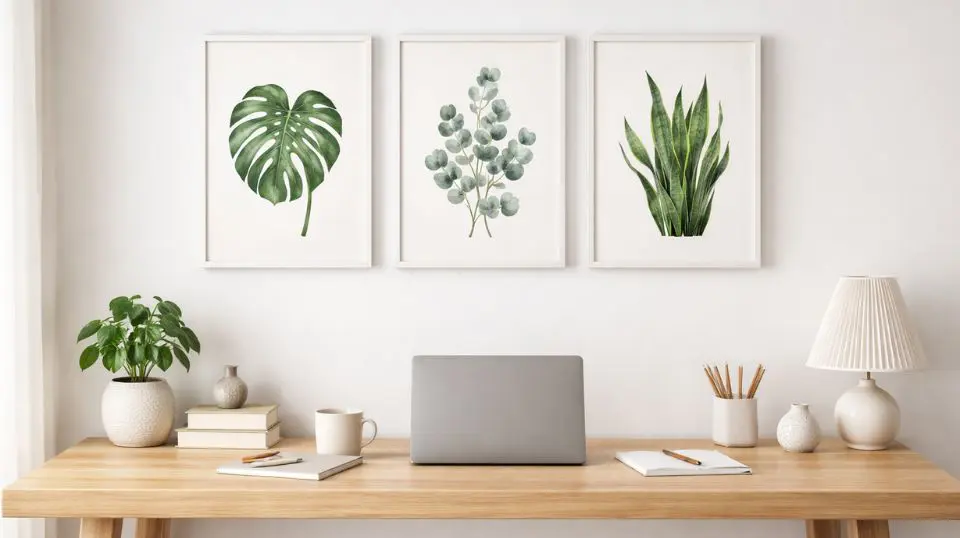 Gallery wall printable digital botanical prints in linear row arrangement above home office desk in boho neutral tones