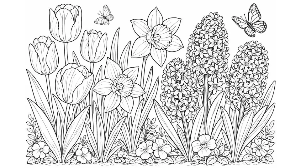 Spring flower coloring pages for adults featuring tulips daffodils and seasonal botanical line art