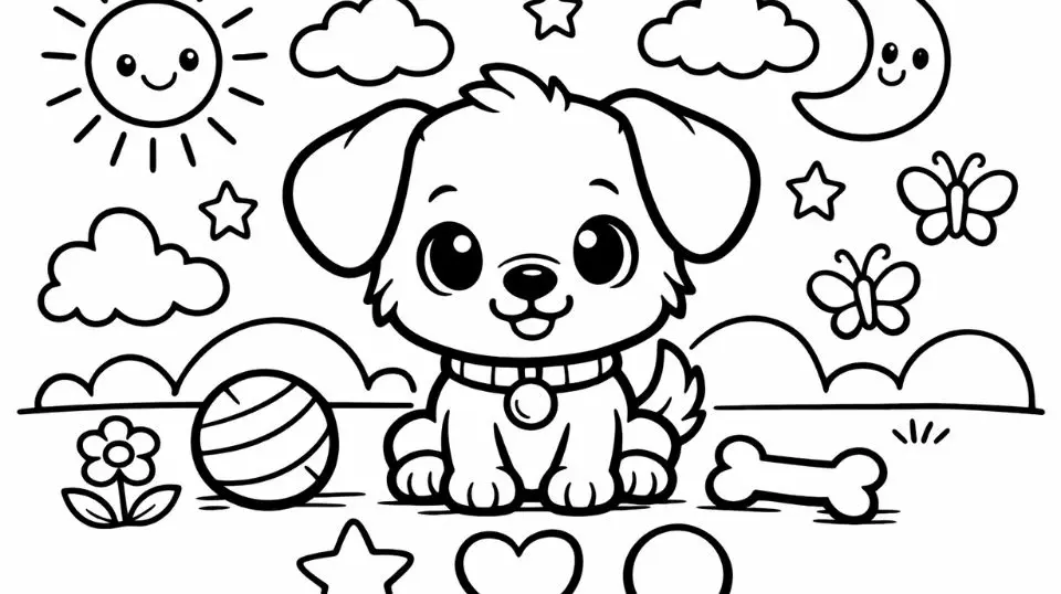 Kids coloring page with bold outlines showing a cute cartoon animal and simple shapes for easy coloring