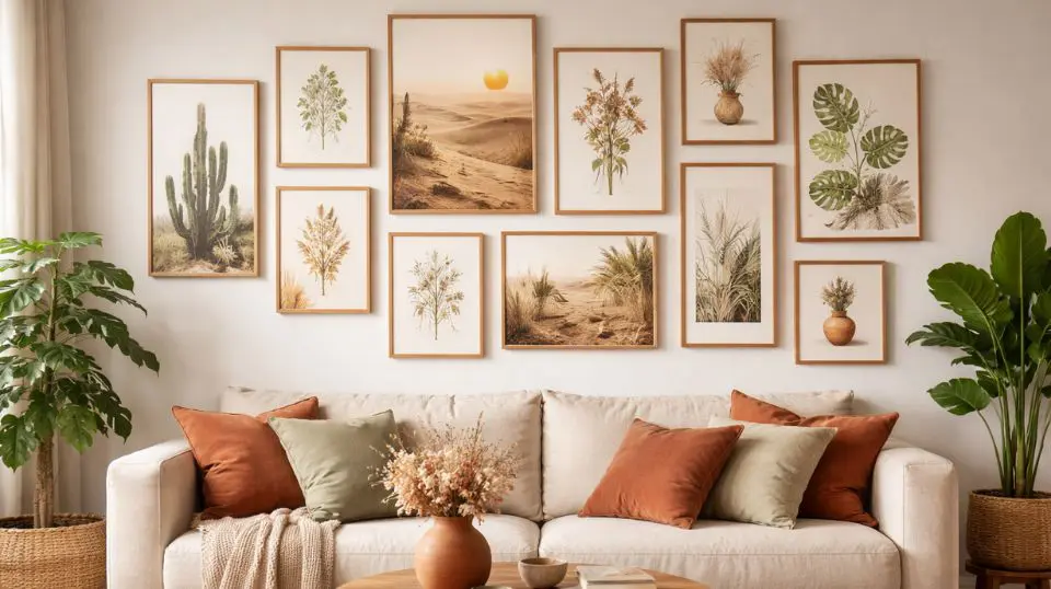 Boho salon-style gallery wall printable digital art in natural frames with desert botanical prints above linen sofa