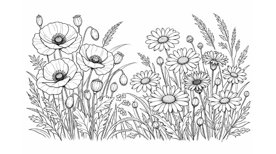 Wildflower coloring pages for adults featuring natural meadow scenes with poppies cornflowers and botanical wildflower illustrations
