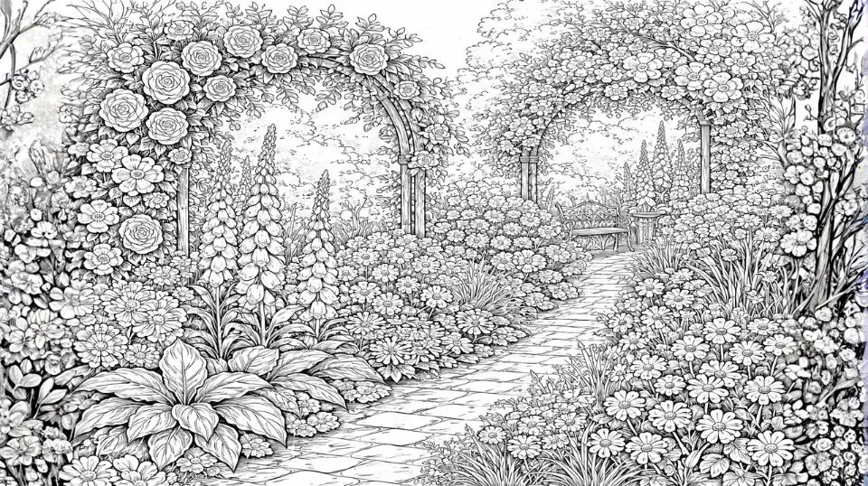 Garden coloring pages for adults showing detailed garden scenes with roses climbing plants and layered botanical illustrations