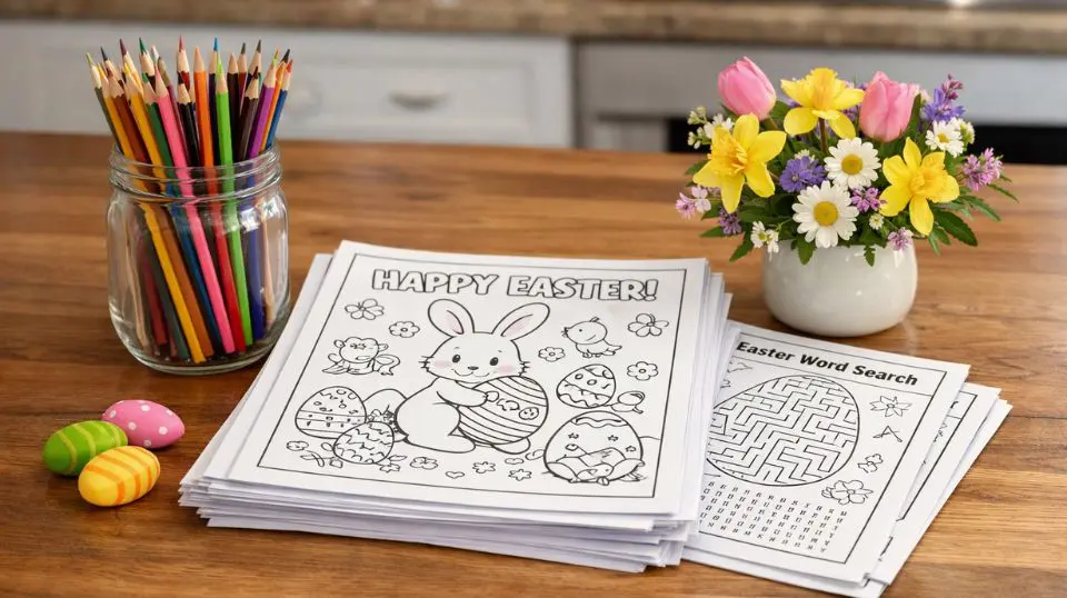 Easter coloring station with easter activity sheets, colored pencils, and spring flowers on a kitchen table."
