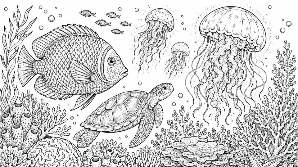Ocean creature coloring pages featuring detailed fish scales, jellyfish glow effects and coral textures