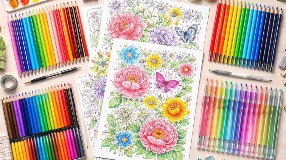 Coloring supplies arranged beside flower coloring pages for adults showing colored pencils markers gel pens and watercolor options