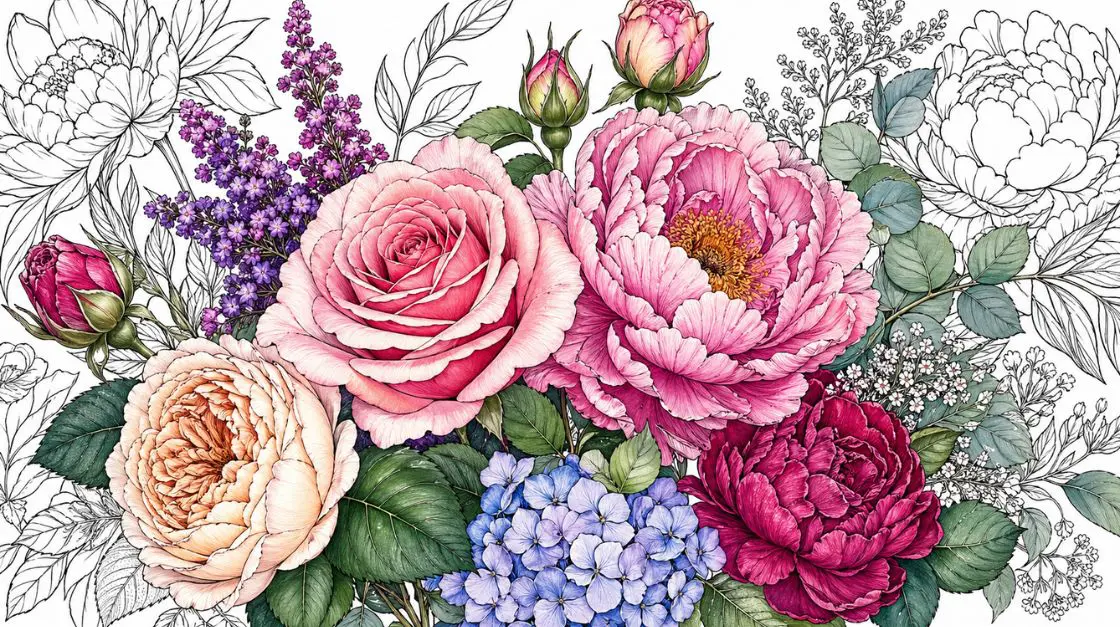 Printable floral coloring pages for adults with detailed roses, peonies, and botanical arrangements