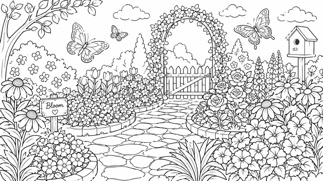Printable garden scene coloring pages with flower beds, butterflies, and garden paths