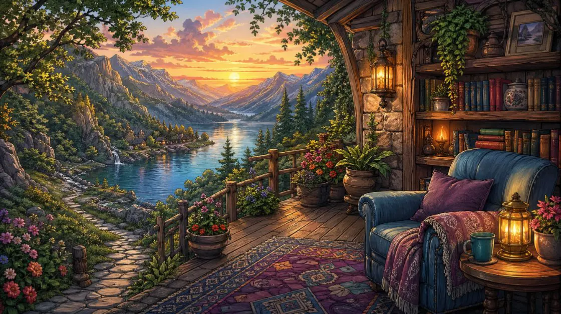 Scene coloring pages for adults featuring detailed landscapes, cozy interiors, and immersive illustrated worlds