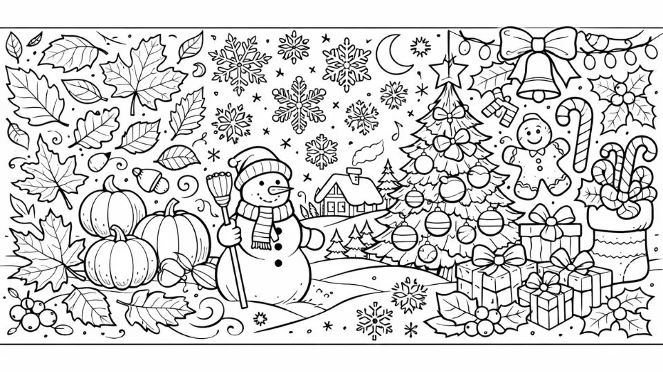 Seasonal coloring pages collection featuring autumn leaves, winter snowflakes, and holiday-themed illustrations