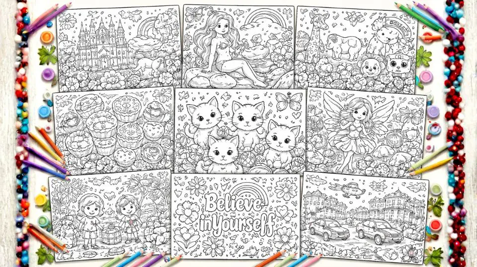 Set of themed coloring pages arranged as a cohesive collection, showing consistent artistic style for product bundles