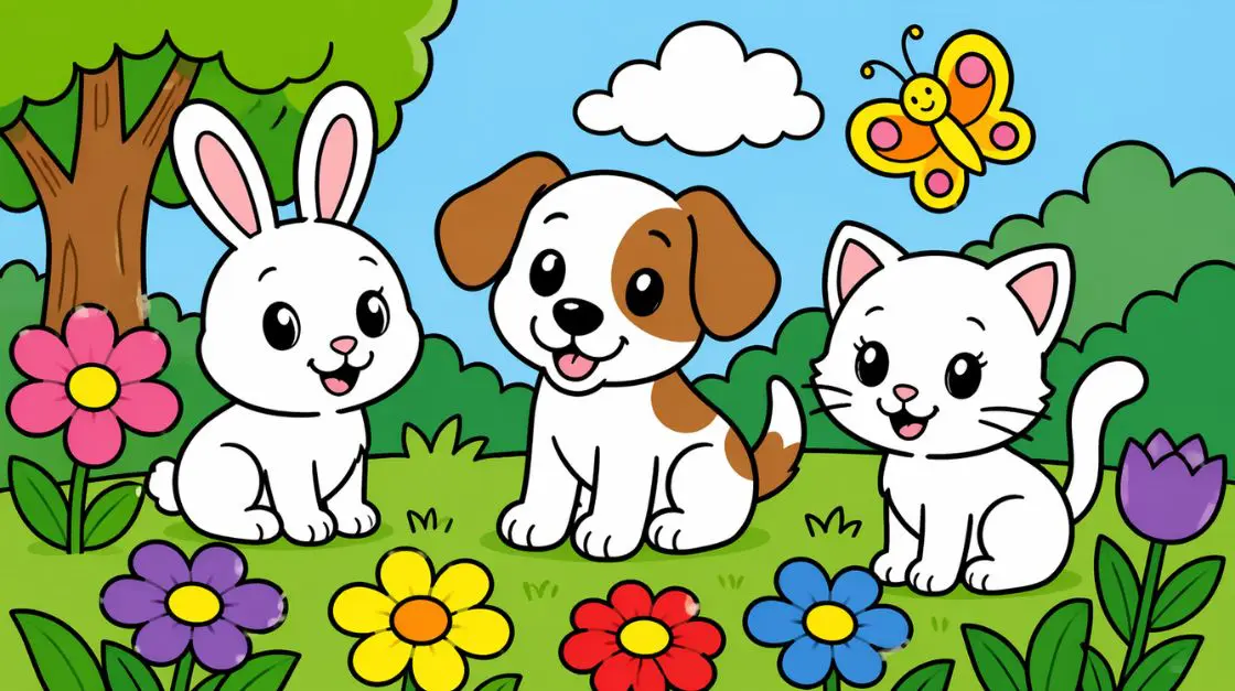 Simple free coloring pages for kids with bold outlines of animals and flowers