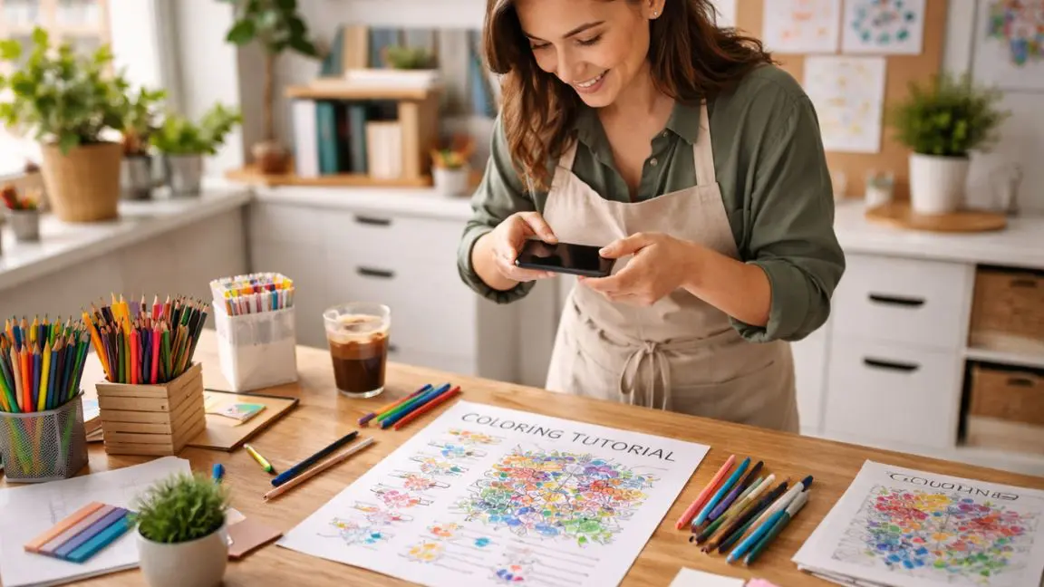 Small business owner photographing a completed coloring tutorial worksheet for social media content creation