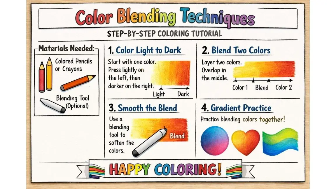 Step by step coloring tutorial module showing color blending techniques on a printable worksheet