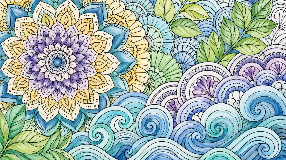 Stress relief coloring pages for adults featuring calming repetitive patterns and soothing designs