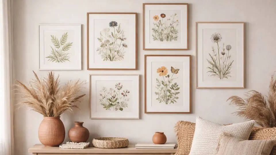 Botanical gallery wall set with eucalyptus cherry blossom and mushroom frame-ready prints in boho styled room