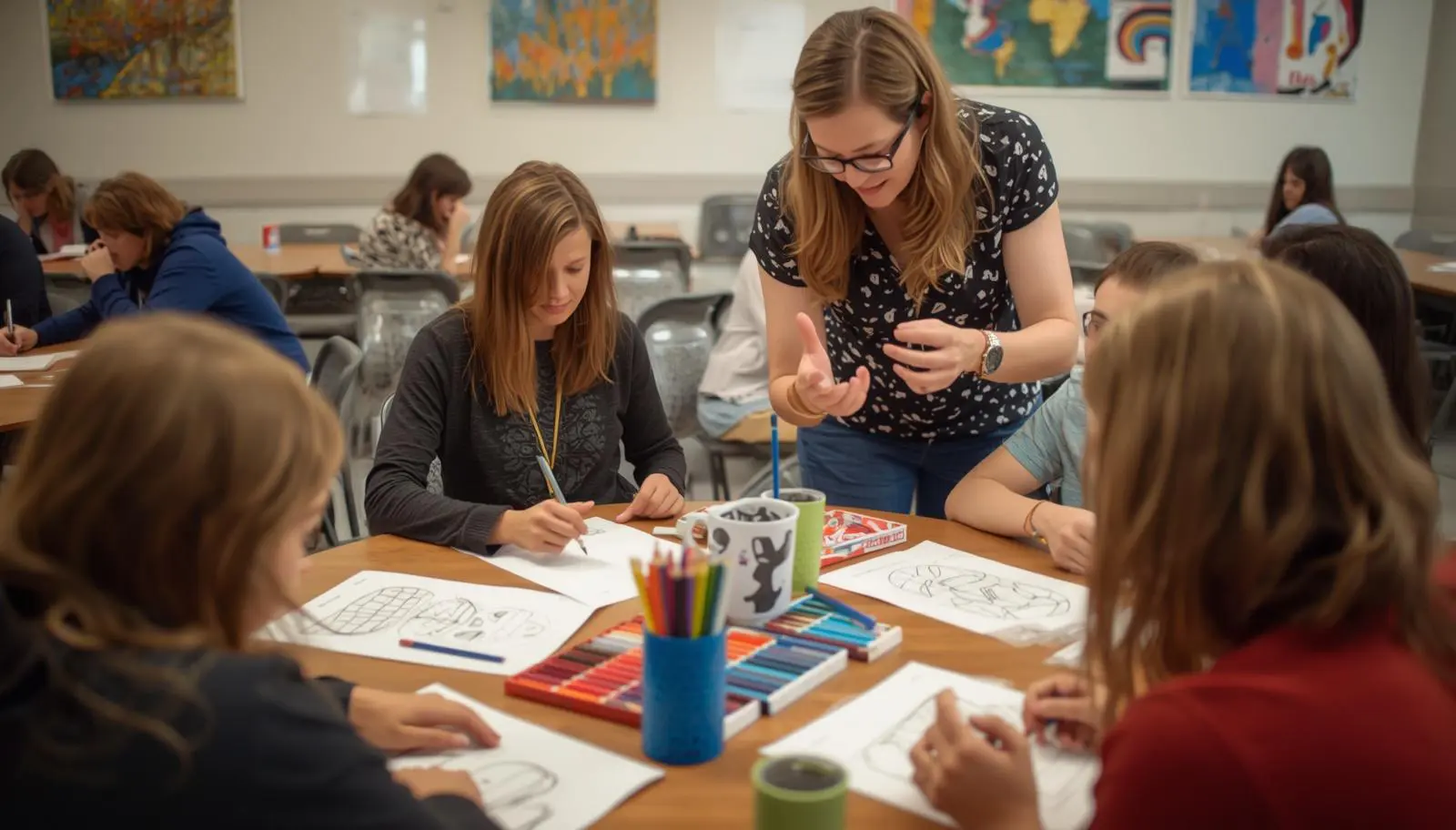 coloring techniques for beginners - Teacher guiding adult beginner coloring workshop with colored pencils and technique reference sheets