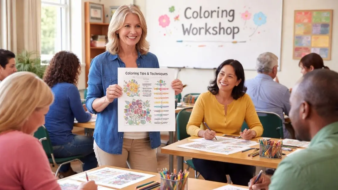 Interactive Coloring Tutorials for Adults. Teacher leading an adult learning workshop using printable coloring tutorial worksheets on classroom tables