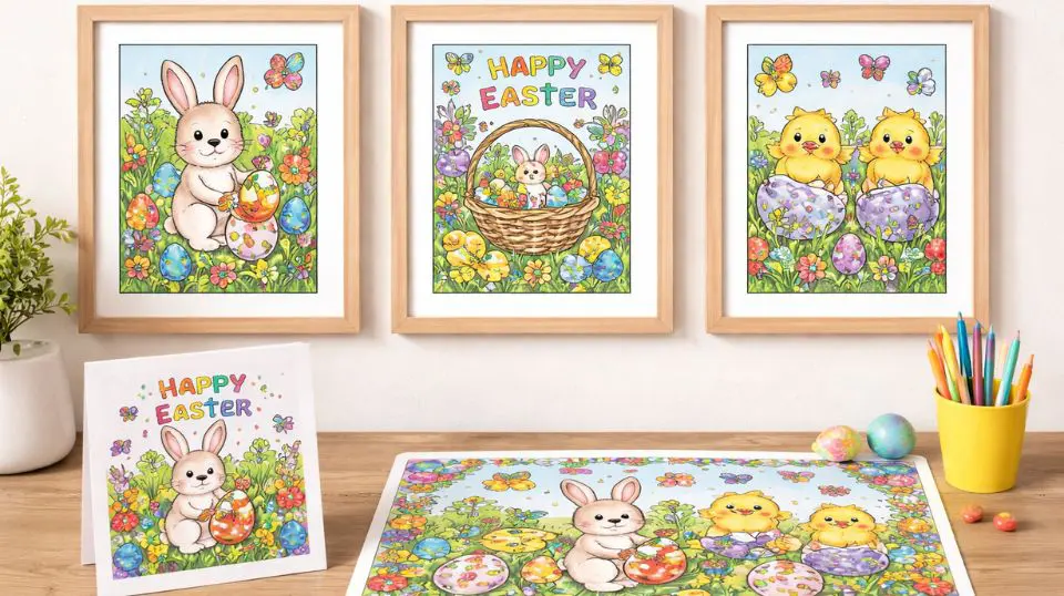 Finished easter coloring pages used as framed wall art, a greeting card, and a seasonal table placemat.