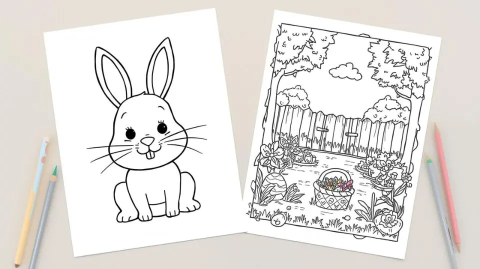 Easter bunny coloring pages showing a cartoon character for kids and a detailed garden scene.