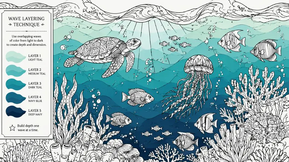 Underwater coloring pages for adults showing wave layering technique with teal and navy blue tones