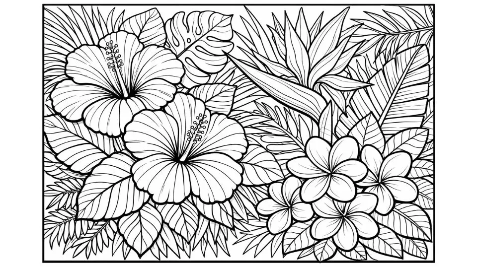 Tropical flower coloring pages for adults featuring detailed hibiscus bird of paradise plumeria and exotic botanical illustrations