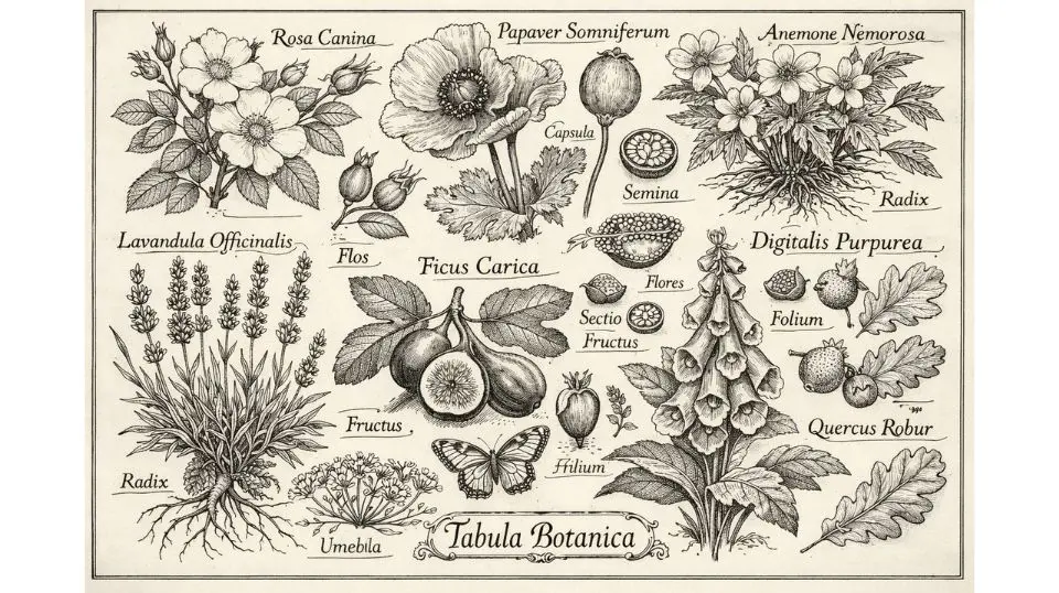 Vintage botanical coloring pages for adults featuring antique style scientific botanical illustration designs with detailed plant studies