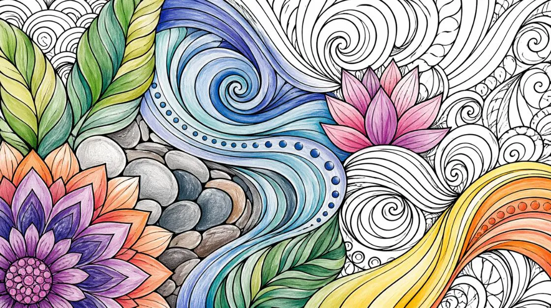 Zen doodle and abstract stress relief coloring pages — free-flowing patterns for mindfulness