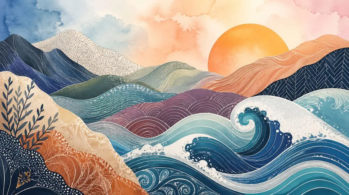 Zentangle-inspired patterns with intricate line fills, flowing wave forms, and soft abstract landscape designs for relaxing coloring pages