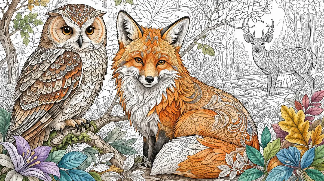 Detailed animal coloring pages for adults — owls, foxes, and wildlife patterns for stress relief