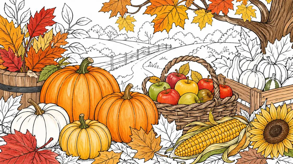 Autumn seasonal coloring pages with fall leaves, pumpkins, and harvest themes