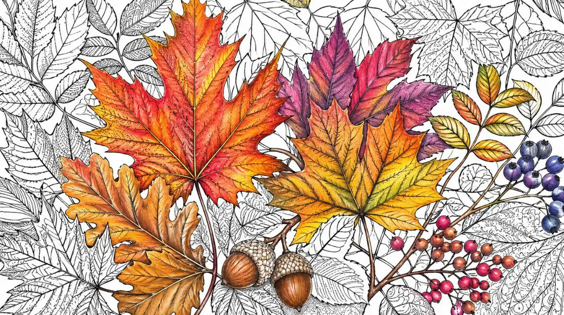 Autumn leaves coloring pages for adults with detailed fall foliage and seasonal botanical patterns