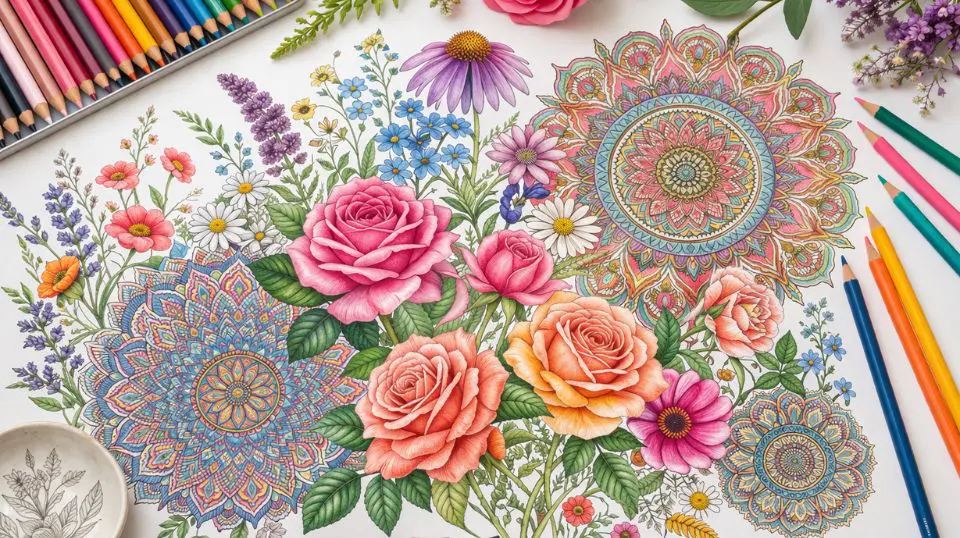 Complete collection of floral coloring pages for adults featuring botanical illustrations, roses, and wildflower designs