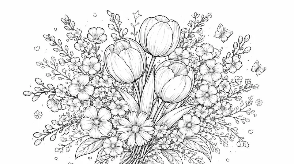 beautifully illustrated spring bouquet coloring page featuring tulips, cherry blossoms, and wildflowers on a white background