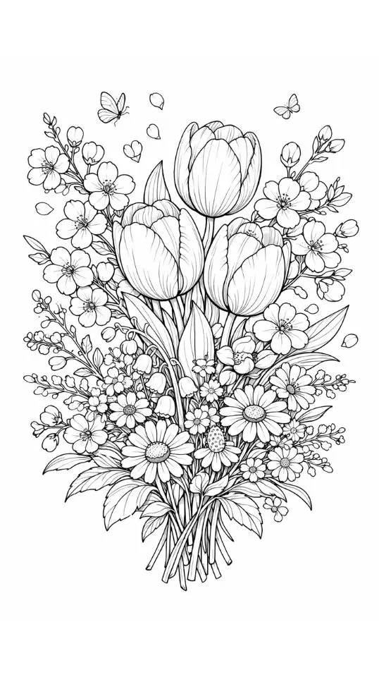 flower coloring pages printable featuring spring bouquet with tulips and cherry blossoms