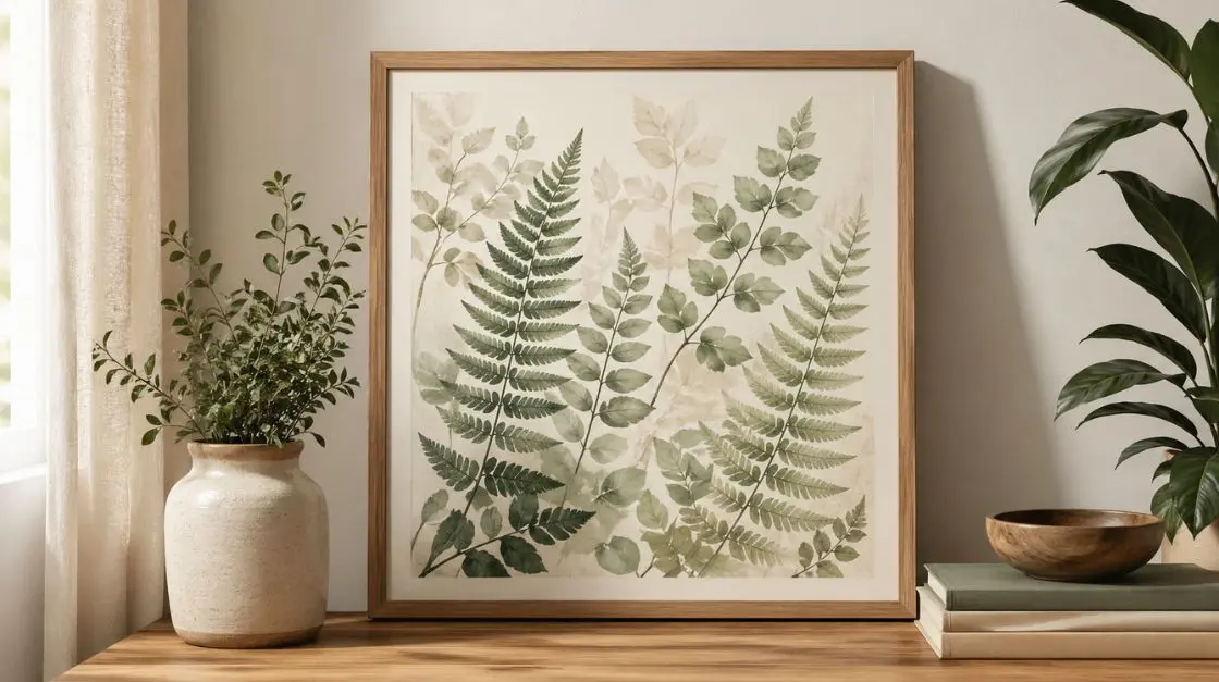 Botanical printable wall art featuring soft fern and leaf illustrations in earthy tones